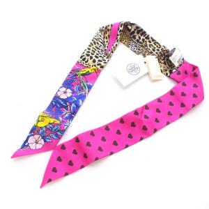 ツイリー スカーフ jungle love love ヒョウ 鳥 ハート シルク ピンク ブラウン