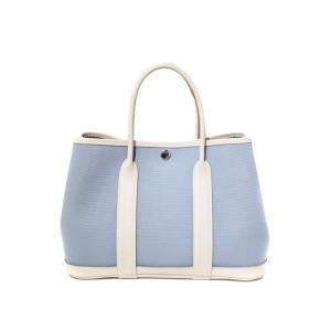 HERMES 2015年製 ガーデンパーティPM ハンドバッグ トワルオフィシエ レザー カントリー ライトブルー