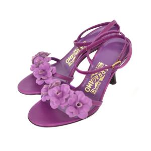 ALLENY サンダル ヒール フラワーモチーフ アンクルストラップ 4 紫 パープル OF