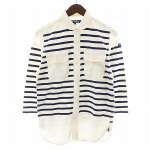 × SAINT JAMES セントジェームス AD2010 シャツ 7分袖 ボーダー 丸襟 コットン M 白 ホワイト 紺