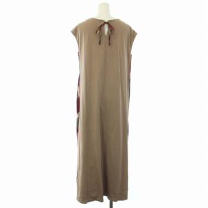 BLUE LABEL CRESTBRIDGE ワンピース ノースリーブ バックリボン チェック 切替 ロング 38 M ベージュ 赤 レッド