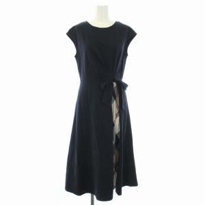 モックロディーシルケットワンピース ノースリーブ リボン チェック 切替 ひざ丈 38 M 紺 ネイビー