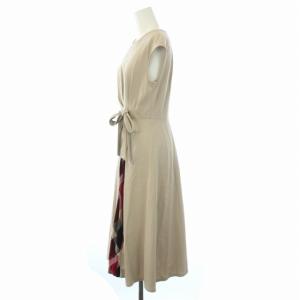 BLUE LABEL CRESTBRIDGE モックロディーシルケットワンピース ノースリーブ リボン チェック 切替 ひざ丈 38 M ベージュ 赤