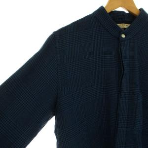 BED J.W. FORD ウールシャツ グレンチェック バンドカラー 長袖 1 S 青 ブルー