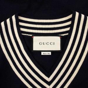 GUCCI 19AW BEE刺繍 Vネック ニット セーター L ネイビー 496442