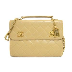 1番台 90s ラムスキン ダブルターンロック チェーン ショルダーバッグ ココマーク ベージュ