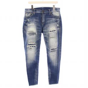 デニムパンツ ジーンズ ジップフライ ストレッチ ダメージ加工 ロゴパッチ W30 青 ブルー /BB