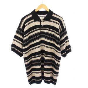ポロシャツ 和紙混紡 ボーダー 半袖 M 黒 ベージュ SUJS240E /KH