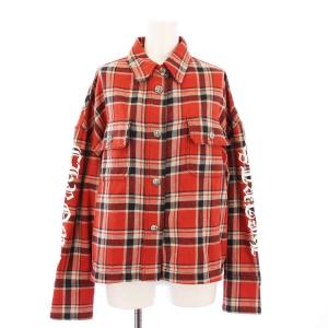 アームロゴプリントチェックシャツ S レッド