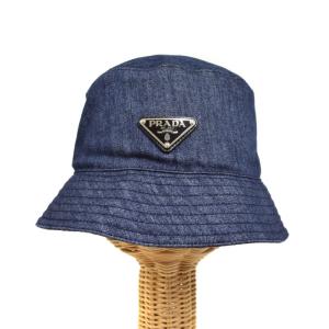 PRADA 22年製 デニム 三角プレート バケットハット S ネイビー 2HC137
