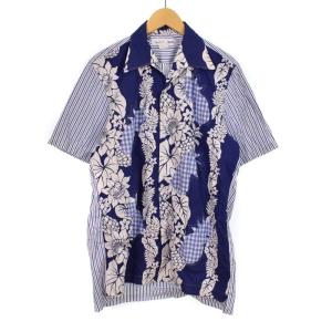 パッチワーク アロハシャツ 半袖 ストライプ パイン ギンガムチェック L 青 ブルー S24063