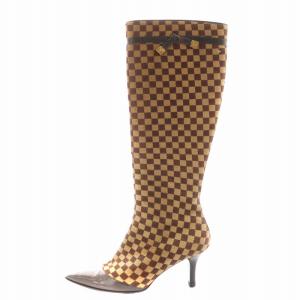 ダミエ ロングブーツ ポインテッドトゥ ヒール リボン ハラコ 35.5 茶 ブラウン /AN32 AA