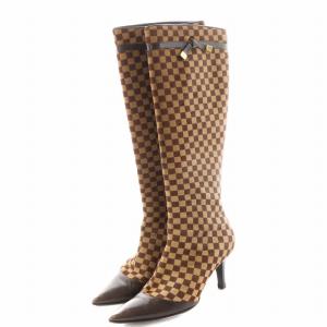 LOUIS VUITTON ダミエ ロングブーツ ポインテッドトゥ ヒール リボン ハラコ 35.5 茶 ブラウン /AN32 AA