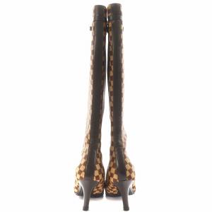 LOUIS VUITTON ダミエ ロングブーツ ポインテッドトゥ ヒール リボン ハラコ 35.5 茶 ブラウン /AN32 AA