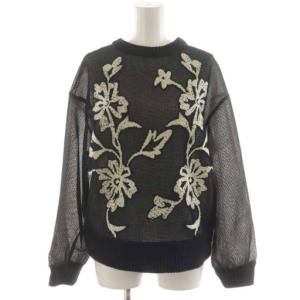 ニット セーター 長袖 シアー シースルー メッシュ 花柄 刺繍 F 黒 ブラック 02120150350