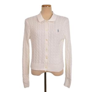 ニット ポロシャツ カーディガン 長袖 ケーブル編み L 白 ホワイト
