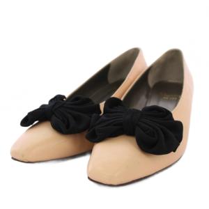 パンプス チャンキーヒール リボン レザー 6 ベージュ /BM