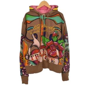 ジップパーカー フーディー 総柄 S ブラウン マルチカラー