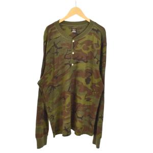 サーマルTシャツ ヘンリーネックカットソー カモ柄 迷彩柄 長袖 ワッフル XXL 緑 カーキ 茶 ブラウン