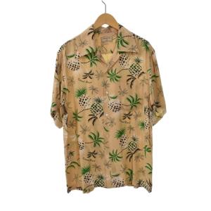 シャツ 半袖 総柄 胸ポケット 襟付き ヤシの木 M ベージュ 緑 白 黒 KMH-39020-A