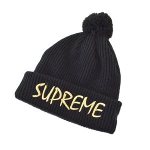 シュプリーム Supreme ニット帽 ポンポン ロゴ刺? 帽子 黒 ブラック
