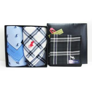 タグ付き ハンカチ ハンドタオル 3枚セット まとめ  チェック 総柄 ロゴ 刺繍 コットン ブルー グレー ブラック