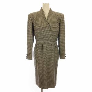 ワンピース ひざ丈 長袖 Vネック 千鳥格子柄 イタリア製 黒 ブラック 8 GY31