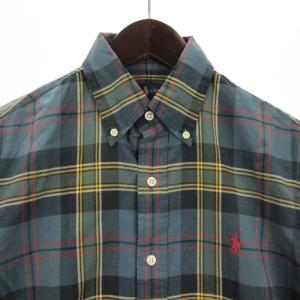 RALPH LAUREN 良品 シャツ 長袖 ボタンダウン チェック ロゴ 刺繍 コットン 青系 ブルー系 XS トップス GY31