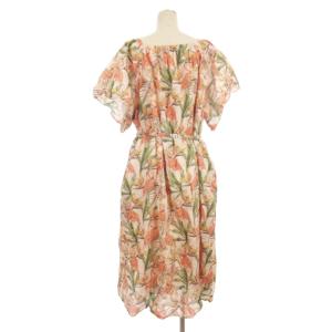 Grace Class ワンピース ロング 五分袖 スクエアネック ボタニカル フラミンゴ プルオーバー コットン ピンク 36 ECS