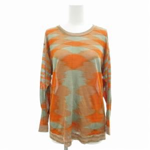 シアーニット カットソー 長袖 クルーネック 総柄 オレンジ グレー