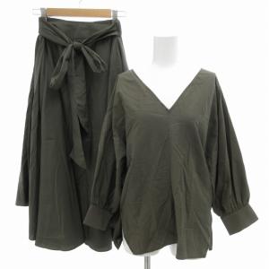 セットアップ 上下 ブラウス ロングスカート マキシ 長袖 ドルマンスリーブ プルオーバー リボン カーキ
