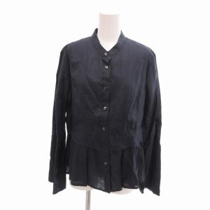 シャツ ブラウス バンドカラー ギャザー 長袖 44 XL 紺 ネイビー