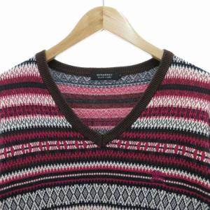 BURBERRY BLACK LABEL ニット セーター Vネック 総柄 ジャガード ホースロゴ刺繍 長袖 2 M 茶 ブラウン ピンク 白 ホワイト