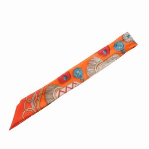 HERMES 美品 ツイリー ネックスカーフ ナロー 総柄 オレンジ