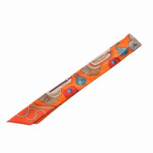 HERMES 美品 ツイリー ネックスカーフ ナロー 総柄 オレンジ