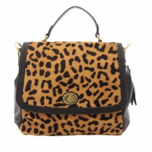 2way ショルダーバッグ ハンド レオパード柄 ハラコ レザー フリンジ ロゴ プレート ベージュ 黒 ブラック F24986