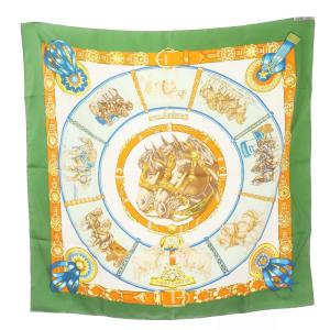 HERMES カレ90 CHEVAUX DE TRAIT 輓馬 スカーフ シルク 馬柄 総柄 緑 グリーン