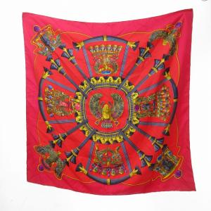 HERMES カレ90 caty 古代エジプト スカラベ柄 スカーフ 総柄 シルク100％ 赤系 ECR17