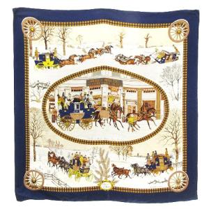 HERMES カレ90 スカーフ 冬の郵便馬車 L'Hiver en Poste 馬車 大判 シルク 青 ブルー AA