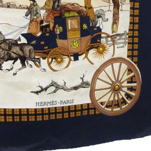 HERMES カレ90 スカーフ 冬の郵便馬車 L'Hiver en Poste 馬車 大判 シルク 青 ブルー AA