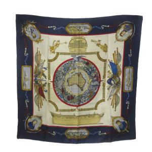 カレ90 スカーフ 大判 LE GEOGRAPHE 地理学者 シルク100％ ネイビー 紺