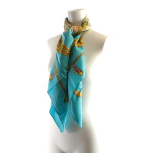 HERMES カレ90 HOMMAGE A CHARLES GARNIER スカーフ シルク 絹 水色 ゴールド色