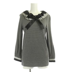 08A カットソー 長袖 ボーダー フリル レース リボン フランス製 36 ブラック