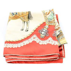 HERMES カレ90 パプロール Paperoles 馬車と貴族 スカーフ シルク 赤 レッド べージュ