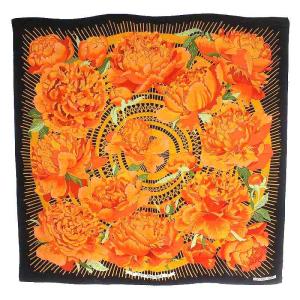 HERMES カレ90 LES PIVOINES 芍薬 牡丹 スカーフ シルク オレンジ