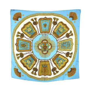 PORTE ET CAUABRIE カレ90 スカーフ シルク 絹 水色 白 ホワイト OH