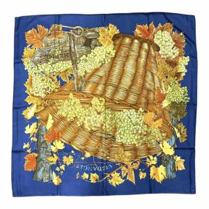 カレ90 VENDANGES ぶどうの収穫 スカーフ シルク 青 ブルー