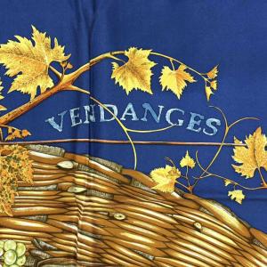 HERMES カレ90 VENDANGES ぶどうの収穫 スカーフ シルク 青 ブルー