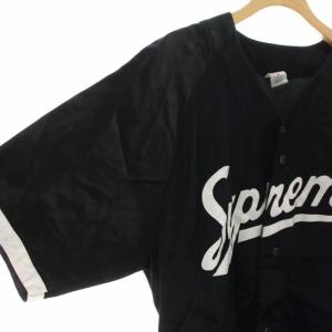 Supreme 17SS サテン ベースボール ジャージ シャツ ライン ロゴ 半袖 M ブラック