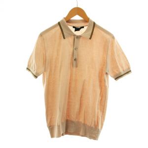 ポロシャツ カットソー 半袖 裾リブ ライン ハーフボタン 薄手 M ピンクベージュ GY18